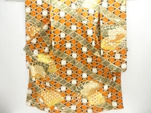 アンティーク　檜扇に花蜀江文模様刺繍振袖（重ね衿付き）